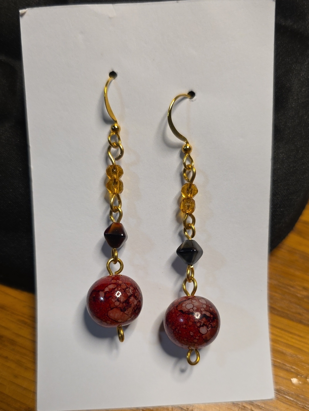 Handcrafted Gold-Tone Red Bead Dangle Earrings